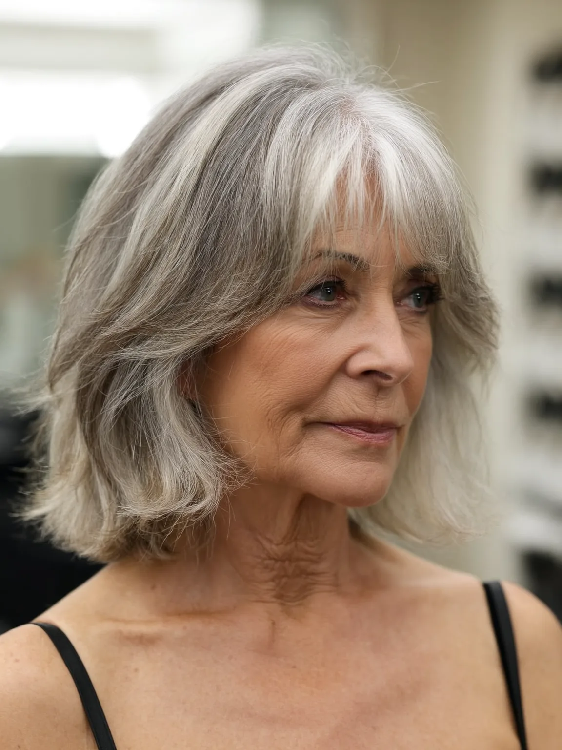 Silver Frost Layered Bob with Wispy Shoulder-Length Bangs